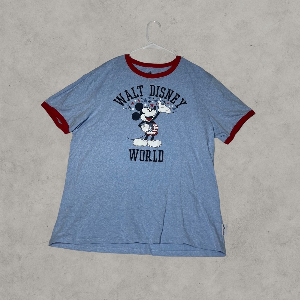 Walt Disney World Mickey Mouse Patriotic Ringer T-Shirt Blue Red Mens Large